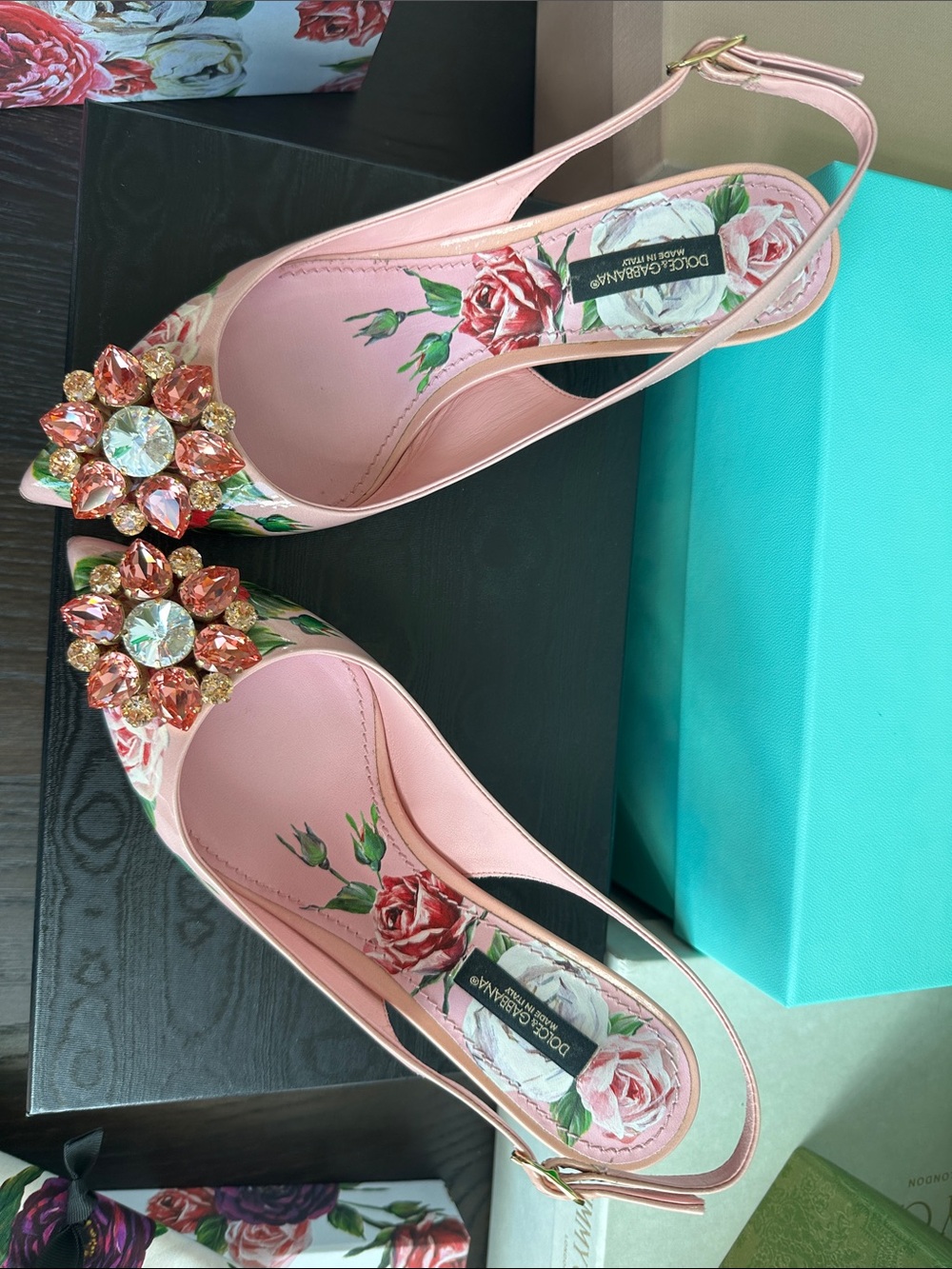 Dolce & Gabbana Pink Floral Slingback Pumps with Crystal Flower Clusters